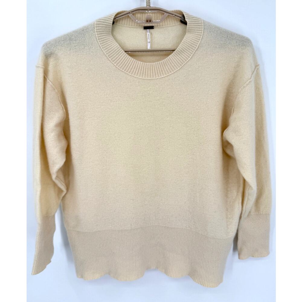 Free People 100% Cashmere Seamed Crewneck Sweater Ivory Oversized Size Small